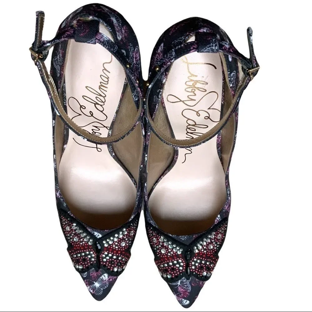 LIBBY EDELMAN Holly Butterfly Rhinestone Black Heel Pumps size 8 - Picture 5 of 14